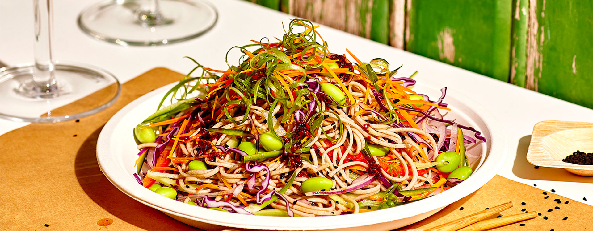 This super quick noodle salad can be thrown together with any combination of thinly sliced vegetables and herbs.